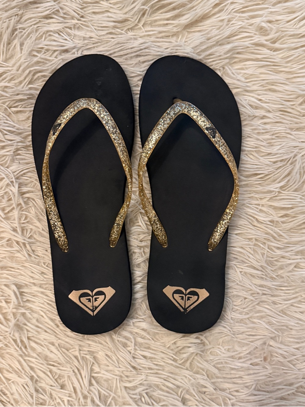 Roxy Women's Black Flip Flops with Gold Glitter Straps
